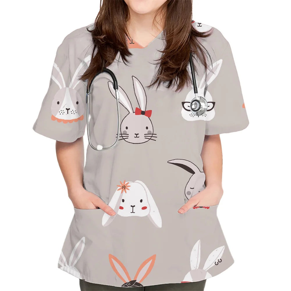 Women Cartoon Cute Rabbit Print V-Neck Patched Pocket Medical Scrub Uniforms Nursing Short Sleeve Tops Nursing Surgical Uniform