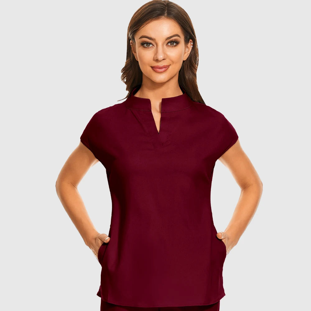 Fashion Stand Collar Scrubs Tops For Women Medical Uniforms Top Short Sleeve Blouse Soft Slim Nurse Shirts Lab Workwear Surgery