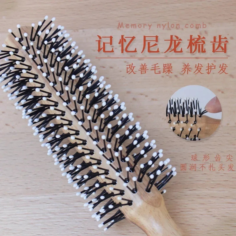 Mini Round Nylon Hairbrush Curly Hair Styling Comb Rolling Comb Round Brush for Thin or Short Hair Men with Wooden Handle