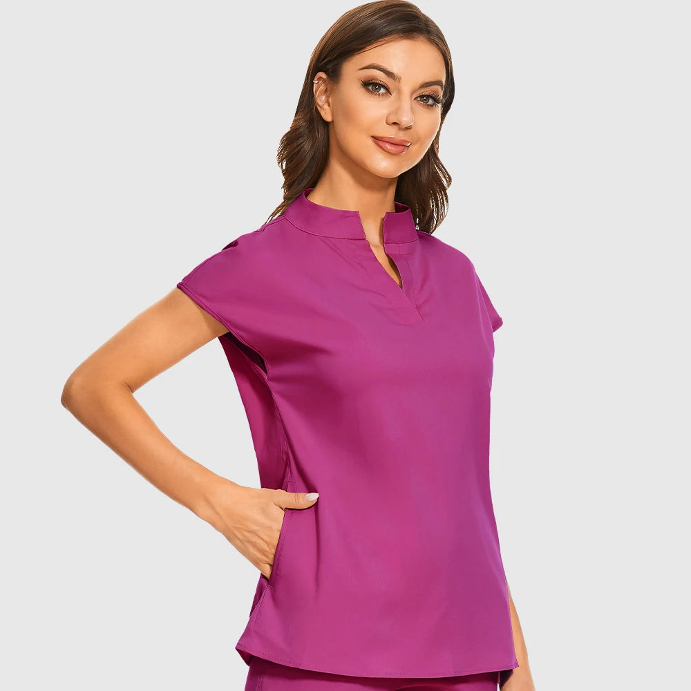 Fashion Stand Collar Scrubs Tops For Women Medical Uniforms Top Short Sleeve Blouse Soft Slim Nurse Shirts Lab Workwear Surgery