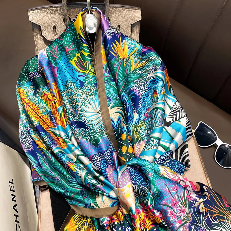 180*90cm Large Silk Satin Scarf Hijab Women Print Spring New Shawl Wrap Female Hand Foulard Pashmina Travel Echarpe 2022 NEW