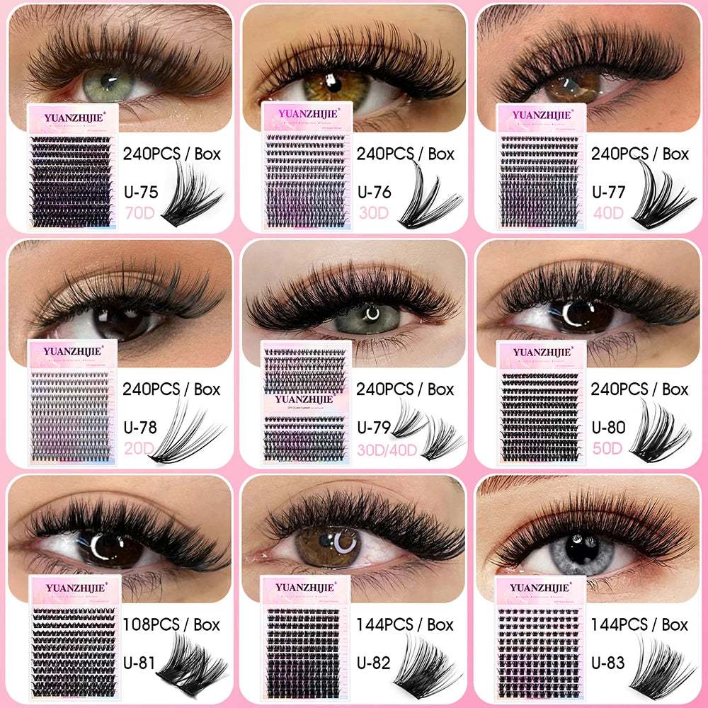 High Quality YUANZHIJIE Lightweight Heat Bonded Segmented Lashes 8-16mm Mix Size 3D Effect Long-lasting Clusters Eyelash Trays