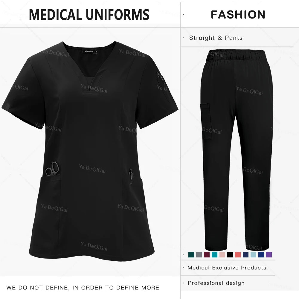 Anti-Wrinkle Premium Fabric Clinical Uniforms Washable Nurse Uniforms Medical Scrubs Sets Surgical Blouse Pockets Straight Pants