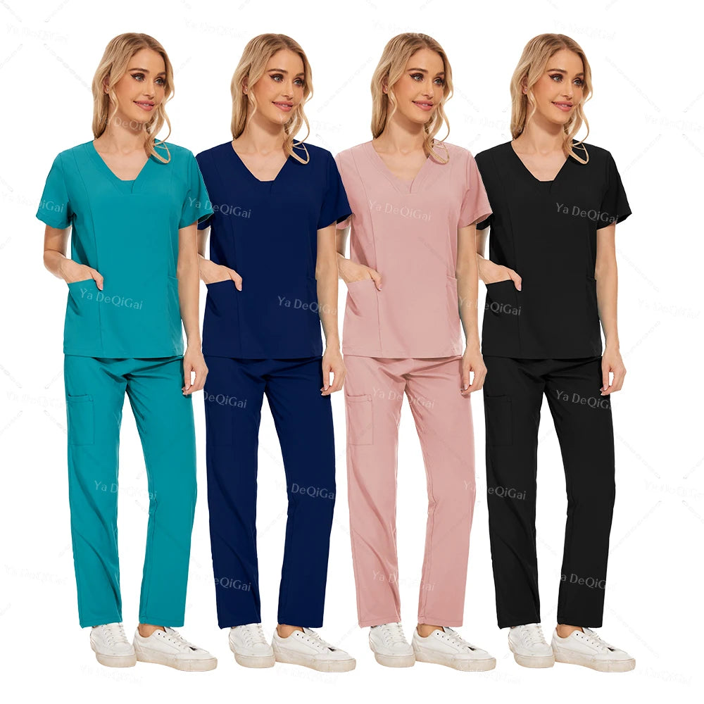 Anti-Wrinkle Premium Fabric Clinical Uniforms Washable Nurse Uniforms Medical Scrubs Sets Surgical Blouse Pockets Straight Pants