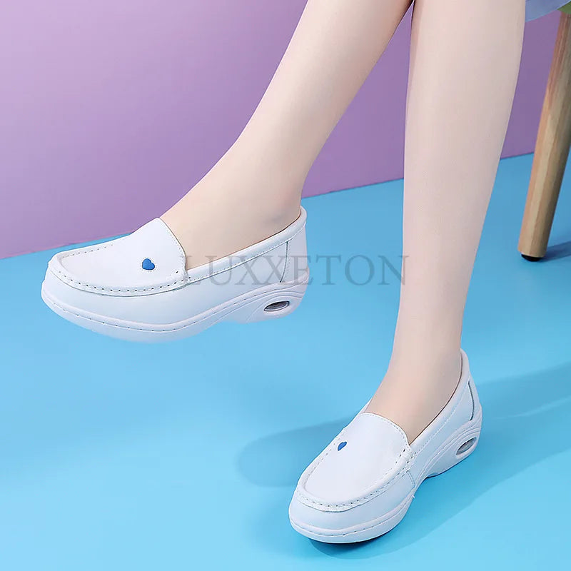 Women Flat Leather Shoes Casual White Wedge Heel Soft Sole Non Slip Caring Comfortable Mother Nurse Work Shoes