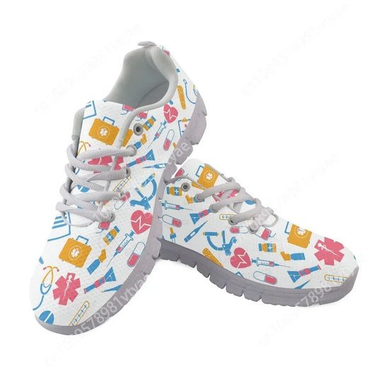 Custom Made Nurse Flat Shoes Cute Cartoon Medical Pattern Women Nursing Shoes Female Casual Running Sneakers Light Mesh Footwear