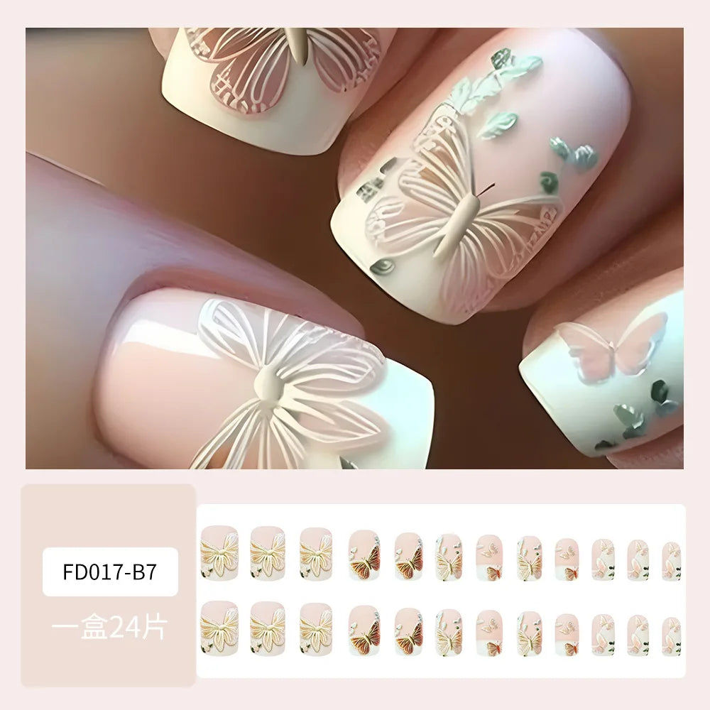 24pcs/set Floral Pattern Press-On Nail Set Mixed Color Ballet Shape Medium Length Simple Sweet Elegant Luxury Style Fake Nails