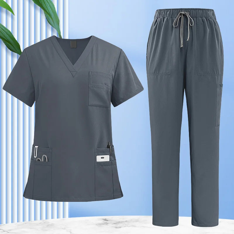 1set V Neck Doctor Medical Uniform Nurse Surgery Suit Moisturewicking Workwear With Pocket Operating Room Short Sleeve Tops Set