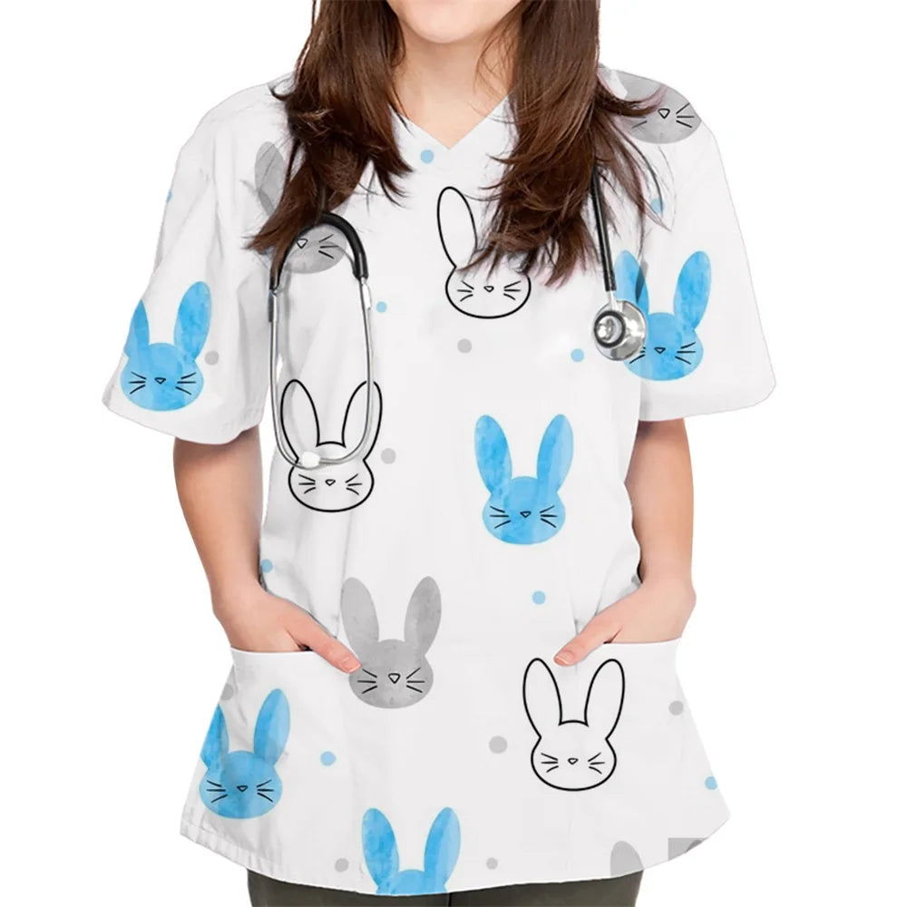 Women Cartoon Cute Rabbit Print V-Neck Patched Pocket Medical Scrub Uniforms Nursing Short Sleeve Tops Nursing Surgical Uniform