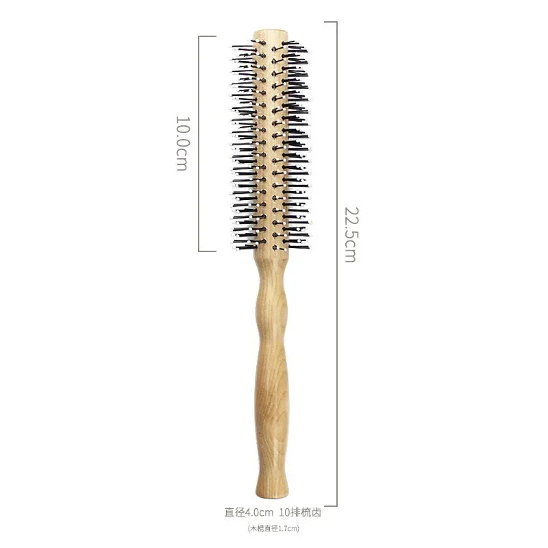 Mini Round Nylon Hairbrush Curly Hair Styling Comb Rolling Comb Round Brush for Thin or Short Hair Men with Wooden Handle