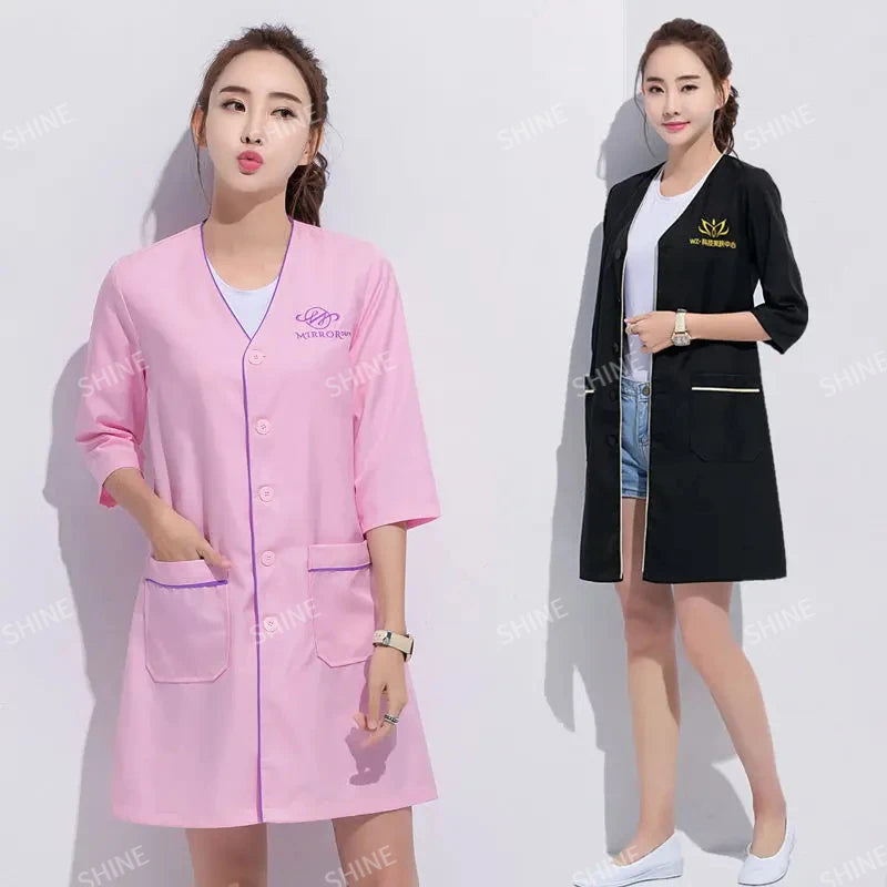 Custom Logo beauty uniform beautician Skin manager work clothes spa uniform white large size short-sleeve lab coat Salon Scrubs