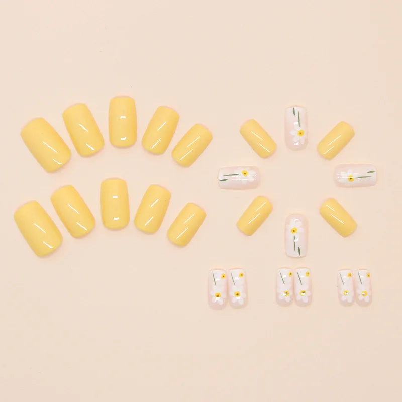 Yellow Flowers 24 Pcs Press on Nails Pink Gradient Fake Nails Glossy Artificial Finger Manicure Reusable False Nails for Women