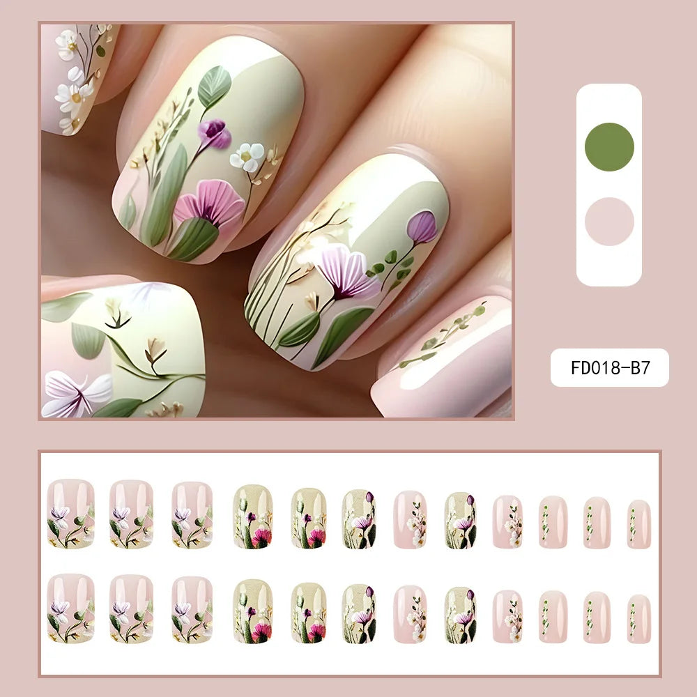 24pcs/set Floral Pattern Press-On Nail Set Mixed Color Ballet Shape Medium Length Simple Sweet Elegant Luxury Style Fake Nails