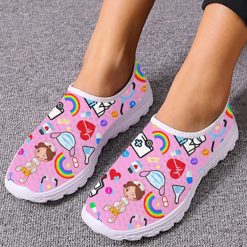 INSTANTARTS Kawaii Nurse Girls Medical Supplies Pattern Female Flat Shoes Breathable Beach Mesh Sneakers Nurse Shoes for Women