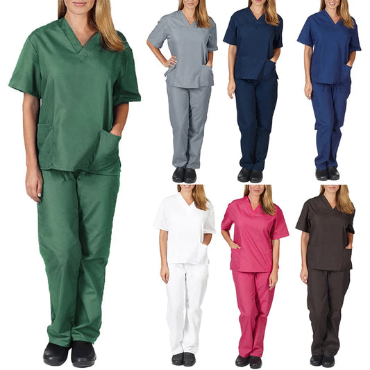 Hospital Women Doctor Nursing Uniform Casual Short Sleeved V-Neck Jogger Suits Nurse Pharmacy Working Scrubs Medical Uniforms