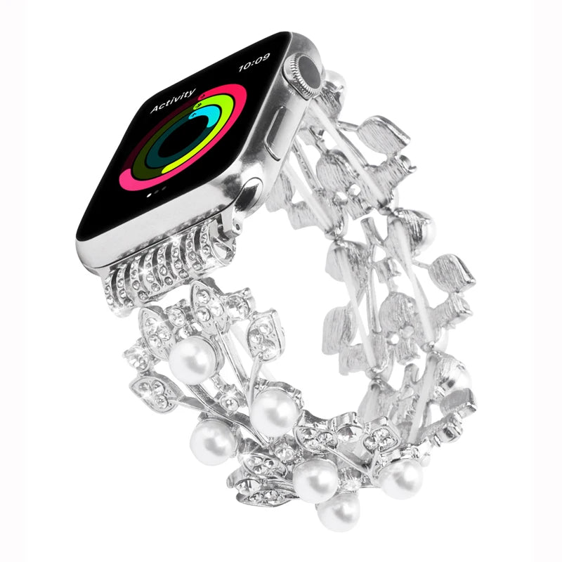 Strap for Apple Watch iWatch Band 38/40/41/42/44/45/49mm Bling Pearl Beaded Wristband SE 8 7654321 Luxury Woman Elastic Bracelet