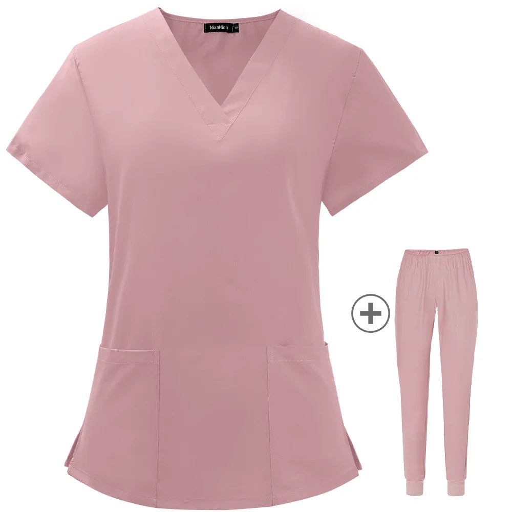 Solid Color Nursing Scrubs Women Uniforms Elasticity Pet Clinic Nurse V-neck Medical Hospital Doctor Working Clothing Wholesale