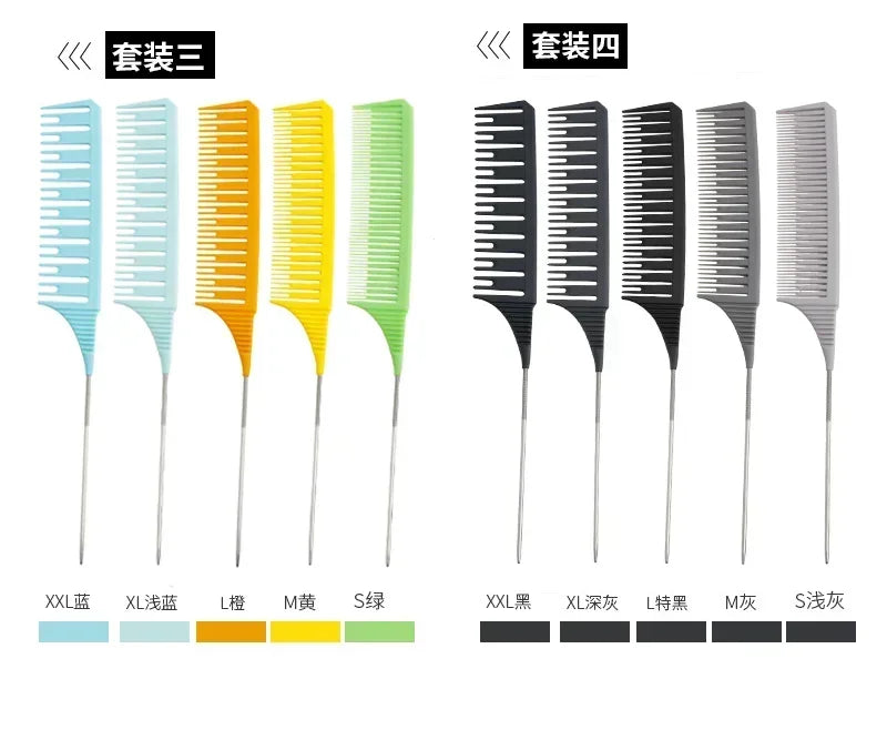 5pcs Hairbrush Hair Styling Combs Tailed Comb Set Coloring Dyeing Comb Salon Tool Sectioning Highlighting Weaving Cutting Comb