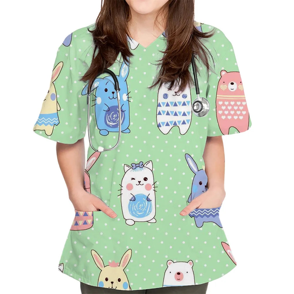 Women Cartoon Cute Rabbit Print V-Neck Patched Pocket Medical Scrub Uniforms Nursing Short Sleeve Tops Nursing Surgical Uniform