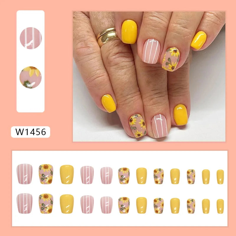 Yellow Flowers 24 Pcs Press on Nails Pink Gradient Fake Nails Glossy Artificial Finger Manicure Reusable False Nails for Women