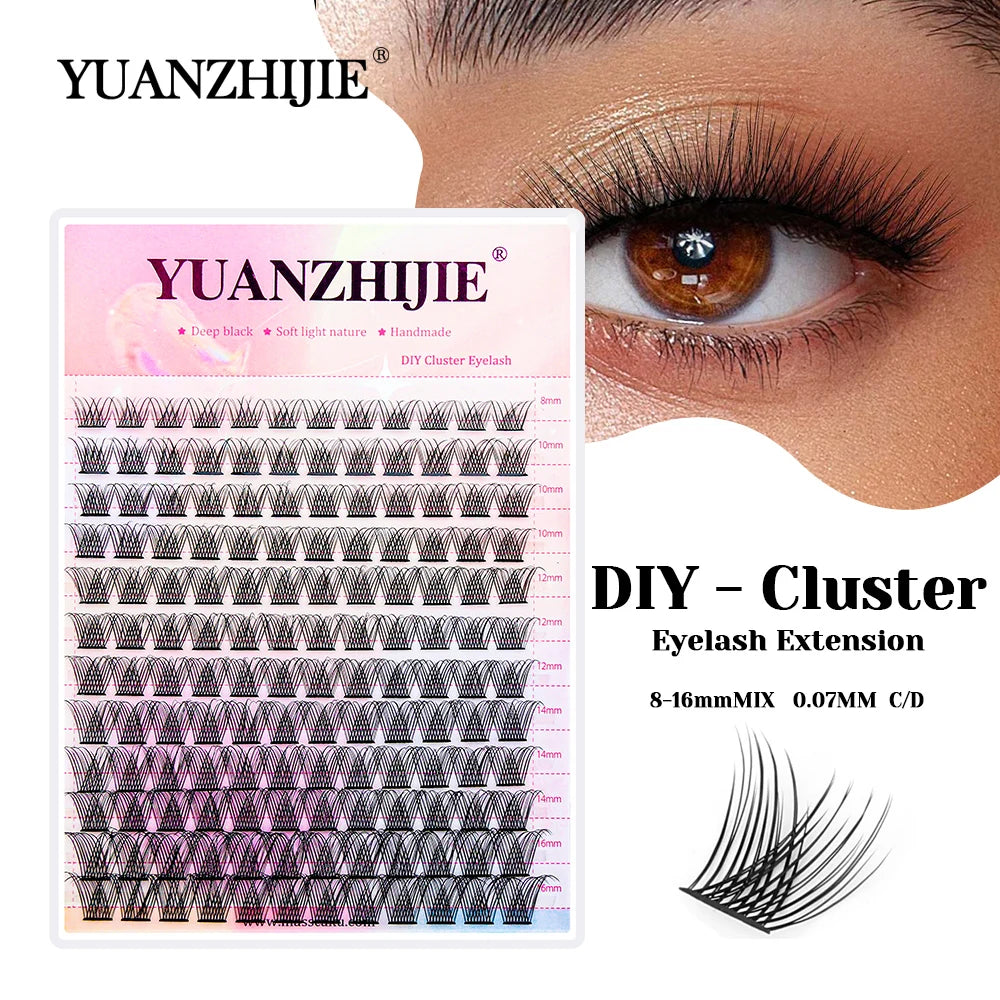 High Quality YUANZHIJIE Lightweight Heat Bonded Segmented Lashes 8-16mm Mix Size 3D Effect Long-lasting Clusters Eyelash Trays