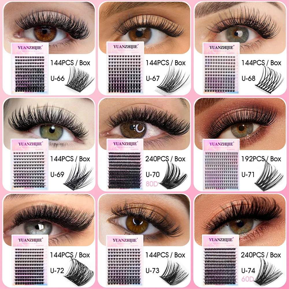 High Quality YUANZHIJIE Lightweight Heat Bonded Segmented Lashes 8-16mm Mix Size 3D Effect Long-lasting Clusters Eyelash Trays