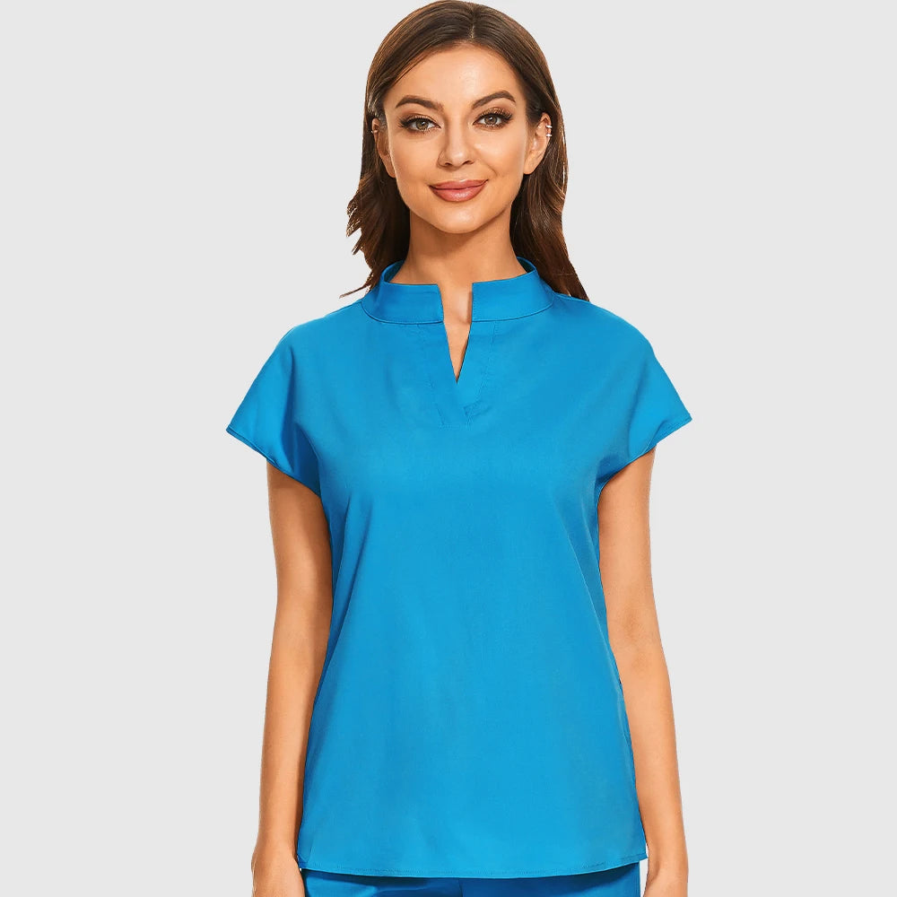 Fashion Stand Collar Scrubs Tops For Women Medical Uniforms Top Short Sleeve Blouse Soft Slim Nurse Shirts Lab Workwear Surgery