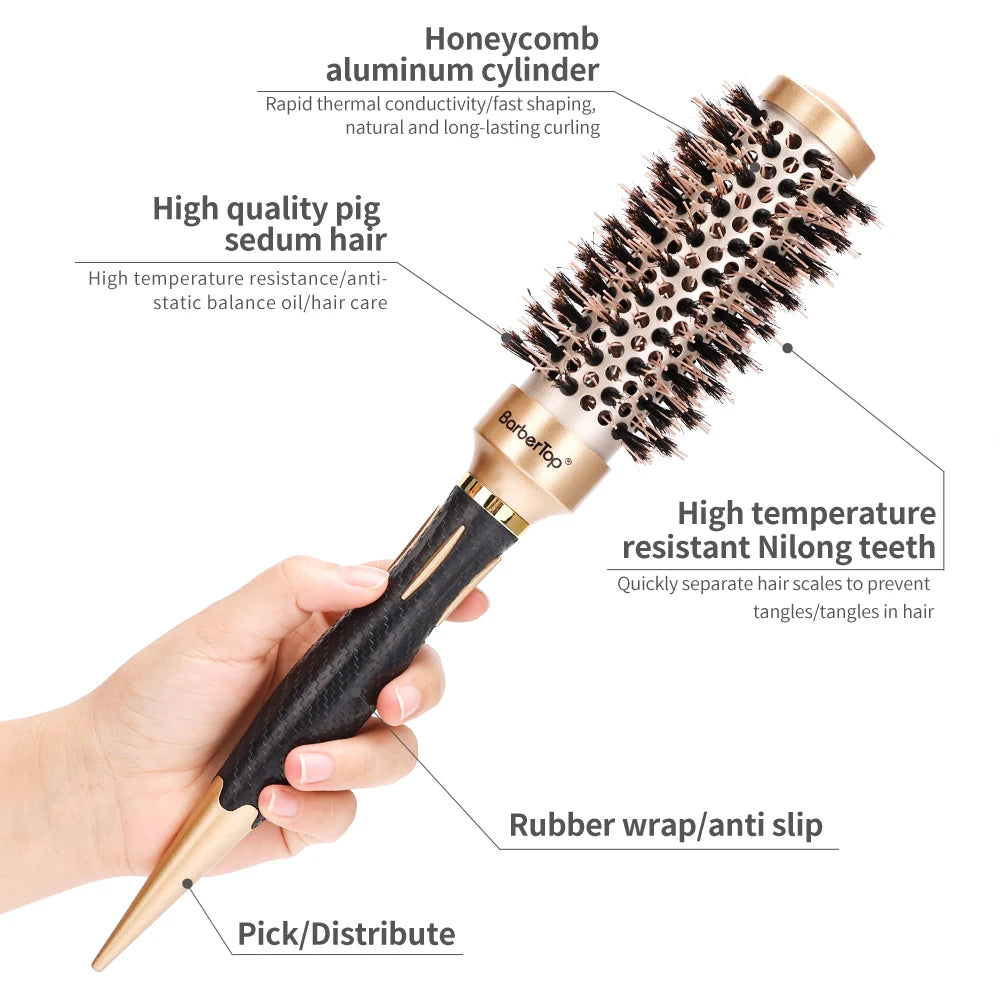 Salon Hairdressing Comb Durable Ceramic Iron Aluminium Tube Round Comb Gold Hairdressing Brush Barber Styling Tools