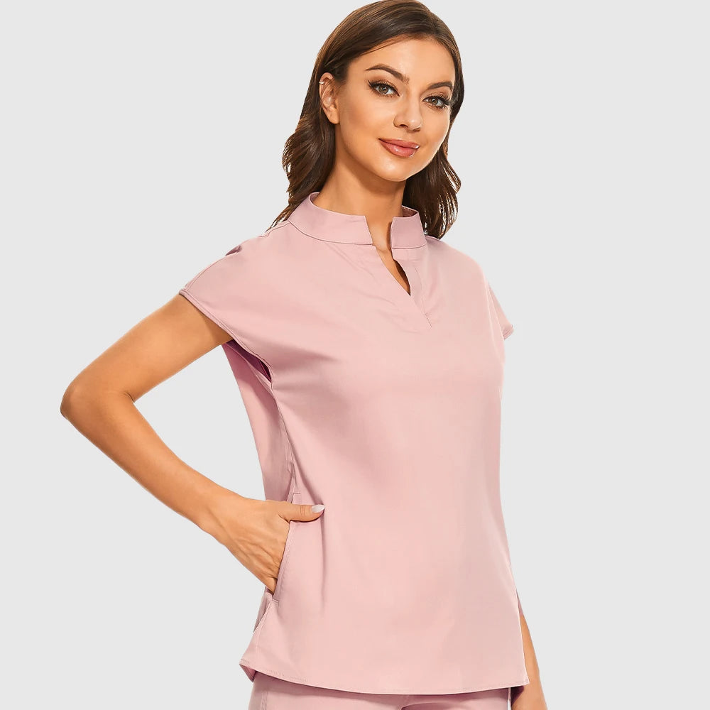 Fashion Stand Collar Scrubs Tops For Women Medical Uniforms Top Short Sleeve Blouse Soft Slim Nurse Shirts Lab Workwear Surgery