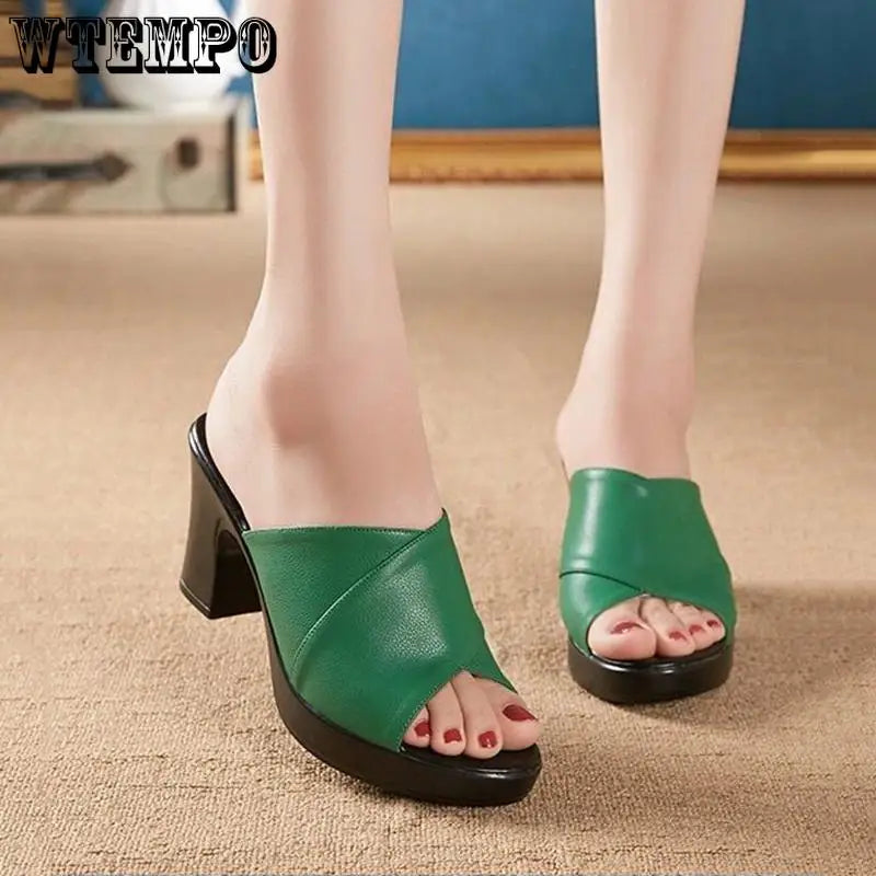 Green High-heeled Slippers Peep Toe Soft Leather Women's Commuting Coarse Heel Anti Slip Simple Casual Spring Summer