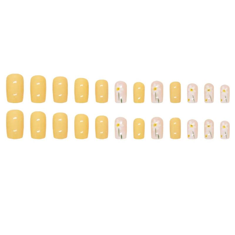 Yellow Flowers 24 Pcs Press on Nails Pink Gradient Fake Nails Glossy Artificial Finger Manicure Reusable False Nails for Women