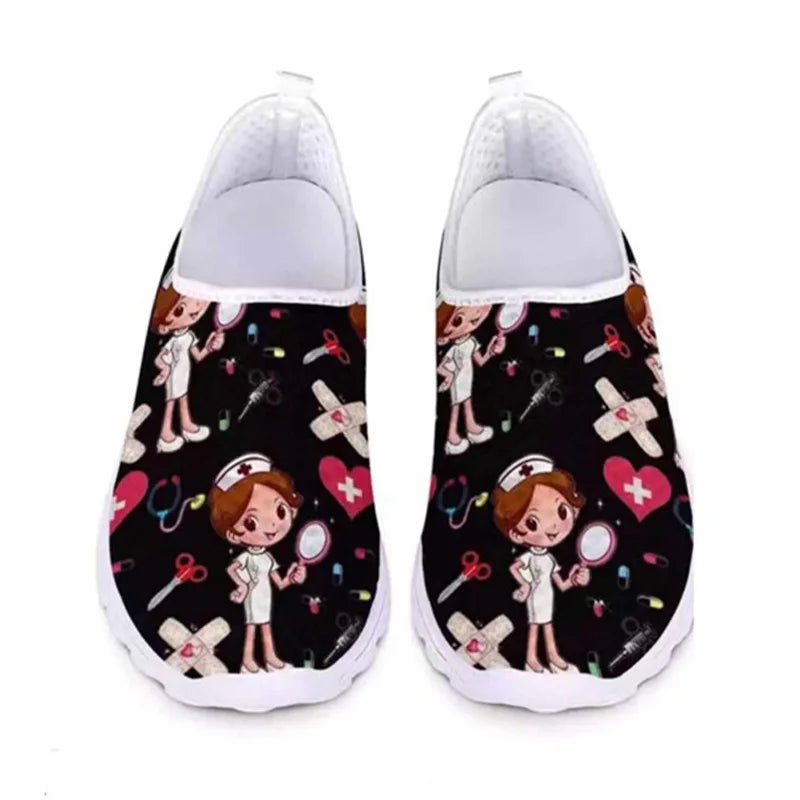 Women Shoes Lightweight Comfortable Casual Shoes Cartoon Nurse Print Women Sneakers Breathable Flats Shoes Zapatillas Mujer35-43