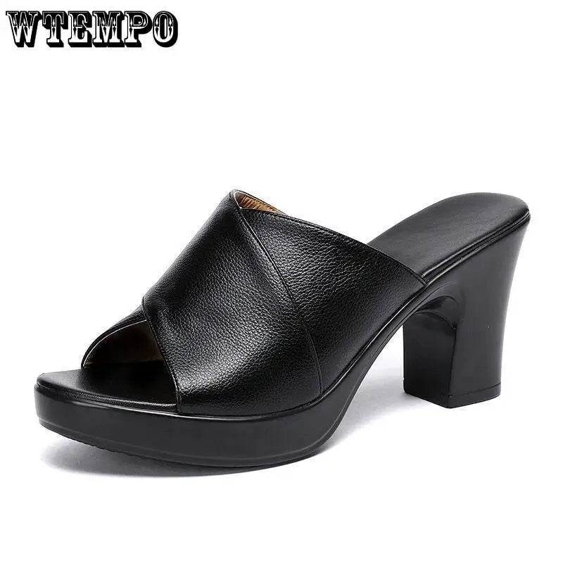 Green High-heeled Slippers Peep Toe Soft Leather Women's Commuting Coarse Heel Anti Slip Simple Casual Spring Summer