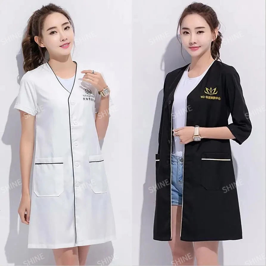 Custom Logo beauty uniform beautician Skin manager work clothes spa uniform white large size short-sleeve lab coat Salon Scrubs