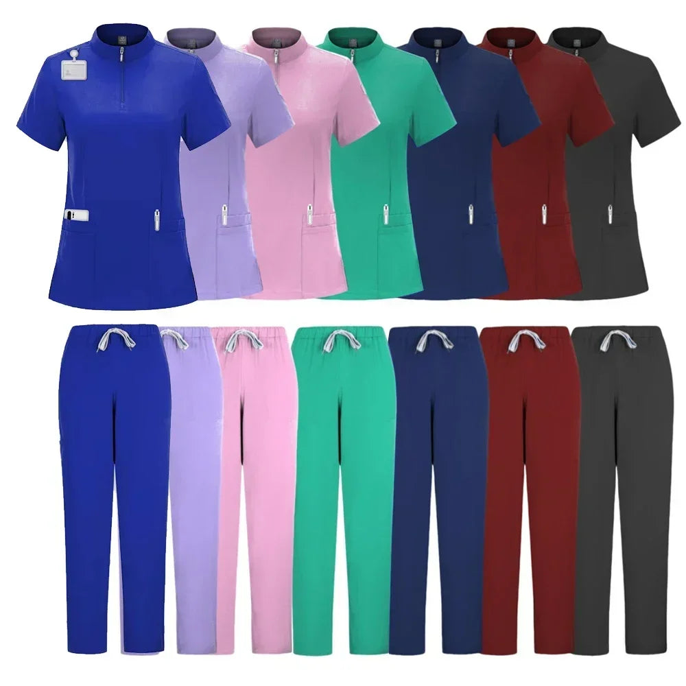 Hot Sale Tops Straight Pants Pet Clinic Nursing Scrubs Uniforms Sets Women'S 12 Color Stretch Medical Uniform Summer Scrubs Set