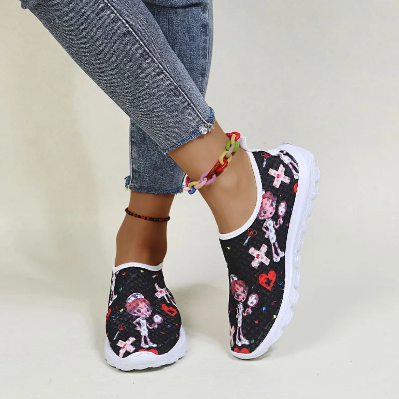 Women Shoes Lightweight Comfortable Casual Shoes Cartoon Nurse Print Women Sneakers Breathable Flats Shoes Zapatillas Mujer35-43