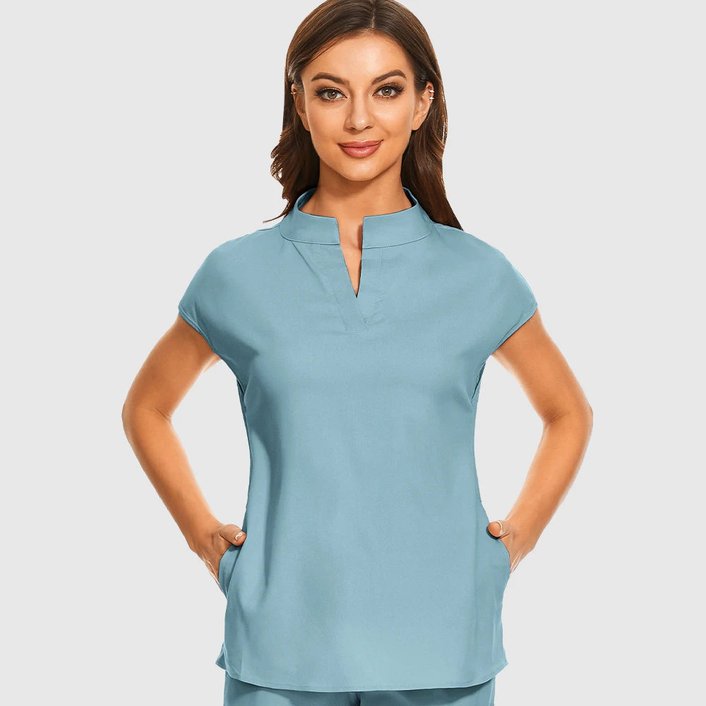 Fashion Stand Collar Scrubs Tops For Women Medical Uniforms Top Short Sleeve Blouse Soft Slim Nurse Shirts Lab Workwear Surgery