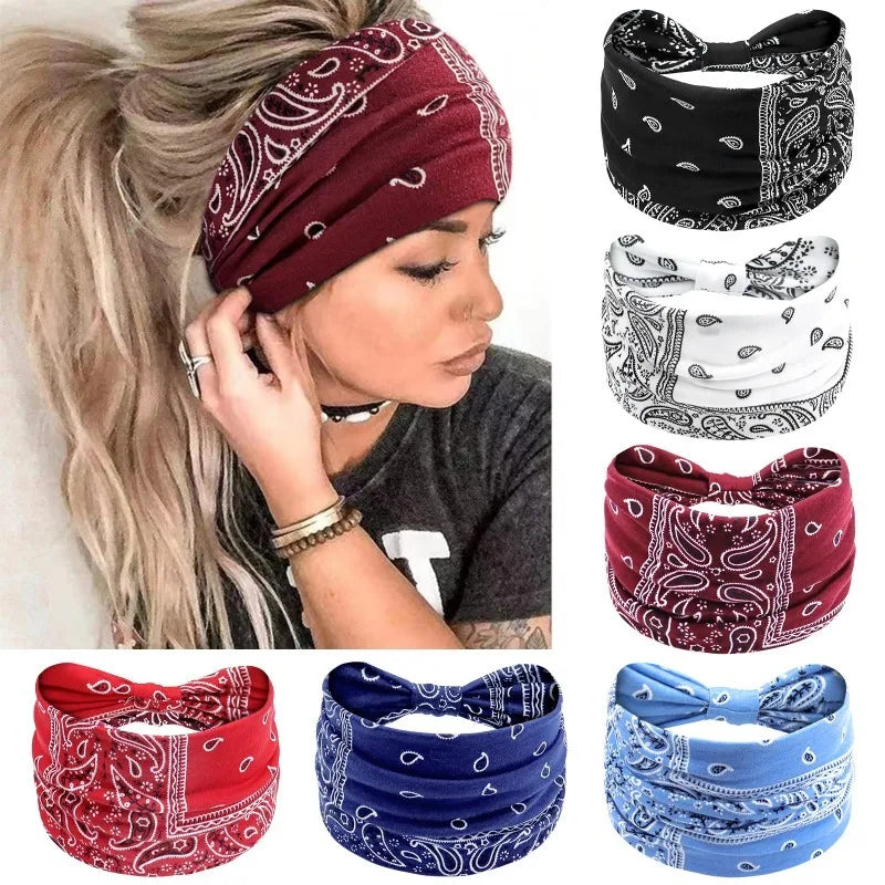 Boho Printed Wide Knotted Elastic Head Band Women Sports Soft Yoga Turban Bandana Head Wraps Bandeau Femme Pour Cheveux