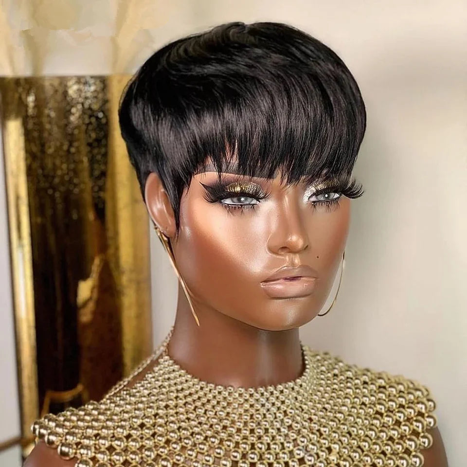 Phashion Pixie Cut Human Hair Wigs With Bangs Short Straight Bob Wig Brazilian Remy Cheap Glueless Machine Made For Black Women