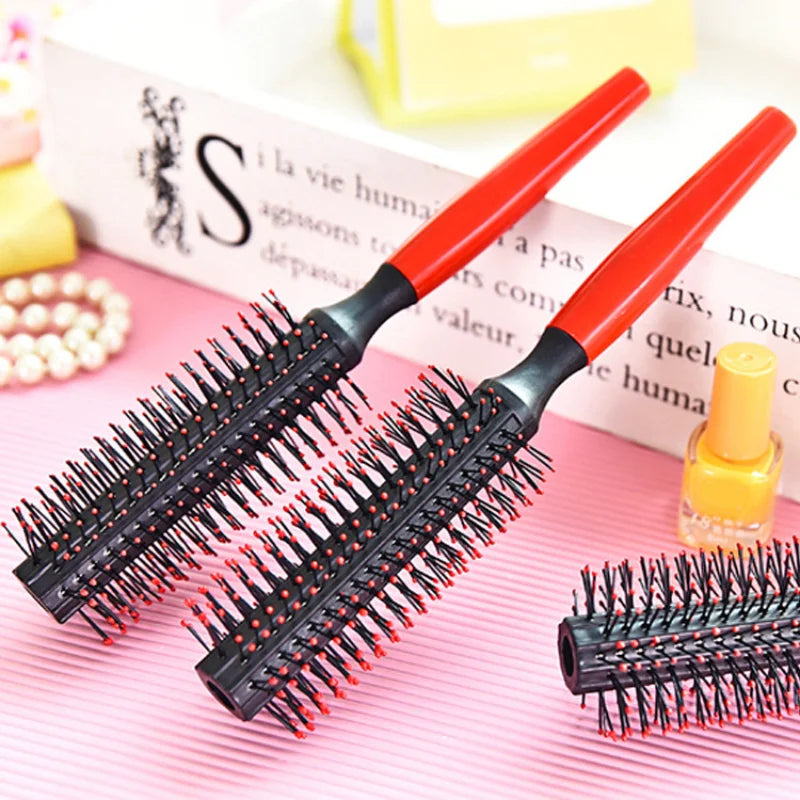 Professional Plastic Round Brush Comb Spiral Roller Curly Hair Combs Massager Hairbrush Dressing Salon Barber Comb Hairstyle red