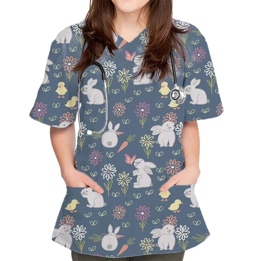 Women Cartoon Cute Rabbit Print V-Neck Patched Pocket Medical Scrub Uniforms Nursing Short Sleeve Tops Nursing Surgical Uniform