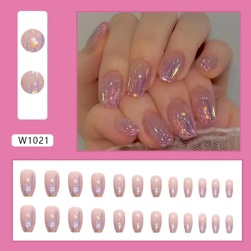 Yellow Flowers 24 Pcs Press on Nails Pink Gradient Fake Nails Glossy Artificial Finger Manicure Reusable False Nails for Women