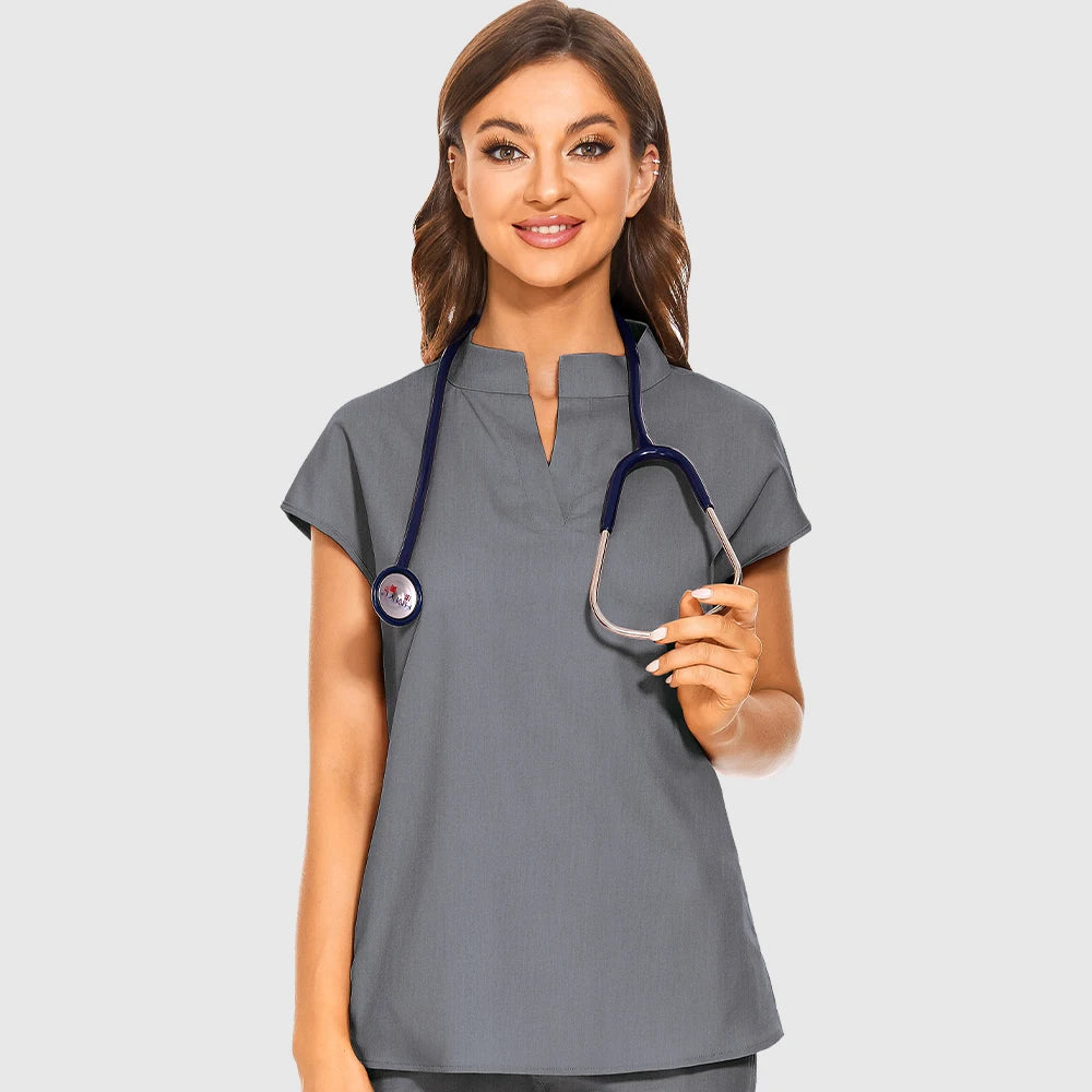 Fashion Stand Collar Scrubs Tops For Women Medical Uniforms Top Short Sleeve Blouse Soft Slim Nurse Shirts Lab Workwear Surgery