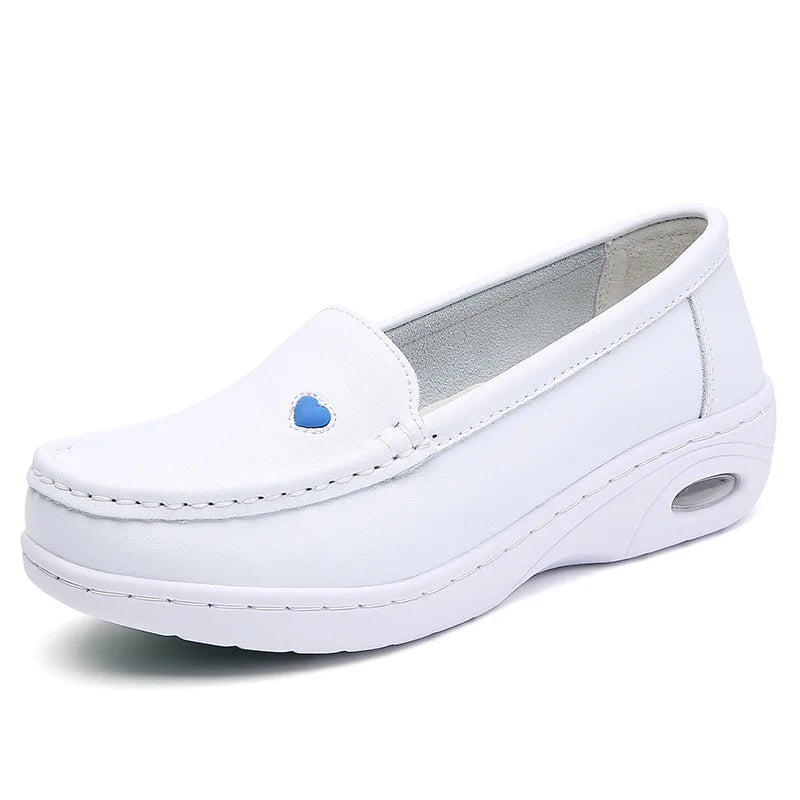 Women Flat Leather Shoes Casual White Wedge Heel Soft Sole Non Slip Caring Comfortable Mother Nurse Work Shoes