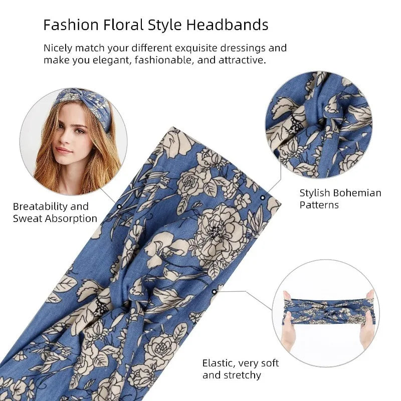 Boho Printed Wide Knotted Elastic Head Band Women Sports Soft Yoga Turban Bandana Head Wraps Bandeau Femme Pour Cheveux