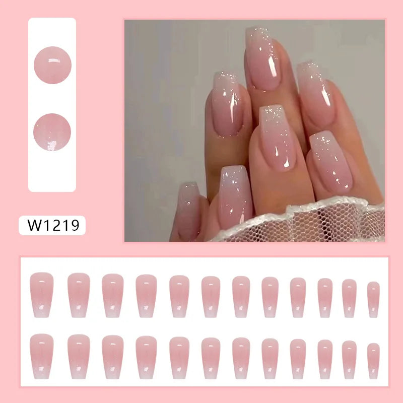 Yellow Flowers 24 Pcs Press on Nails Pink Gradient Fake Nails Glossy Artificial Finger Manicure Reusable False Nails for Women