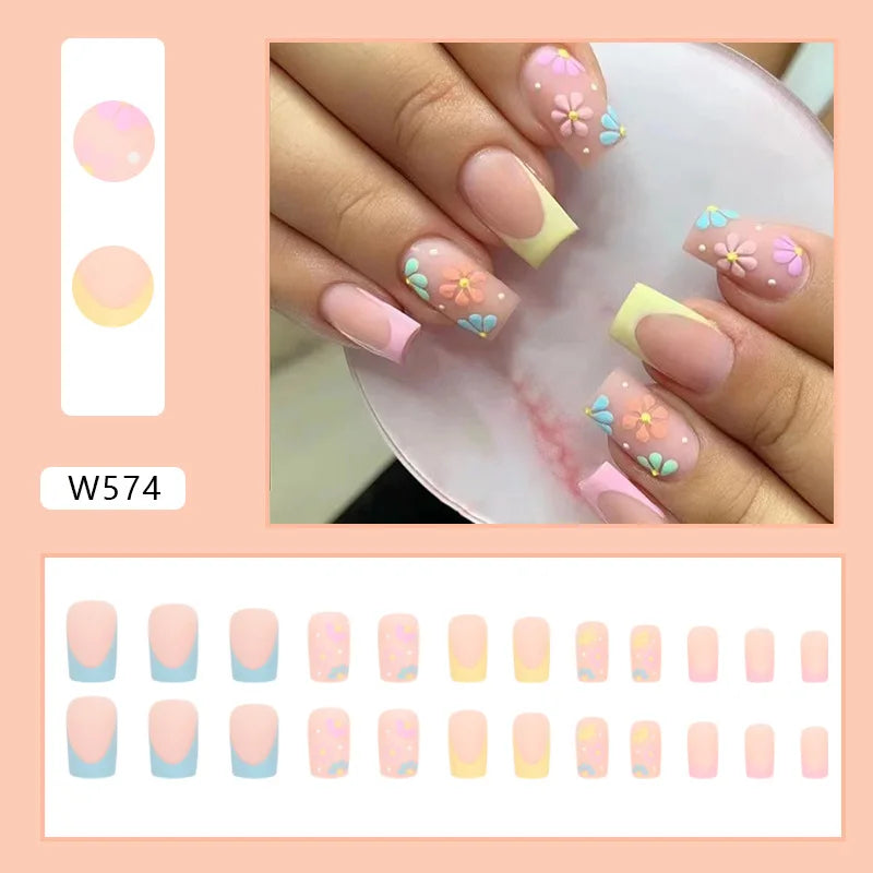 Yellow Flowers 24 Pcs Press on Nails Pink Gradient Fake Nails Glossy Artificial Finger Manicure Reusable False Nails for Women