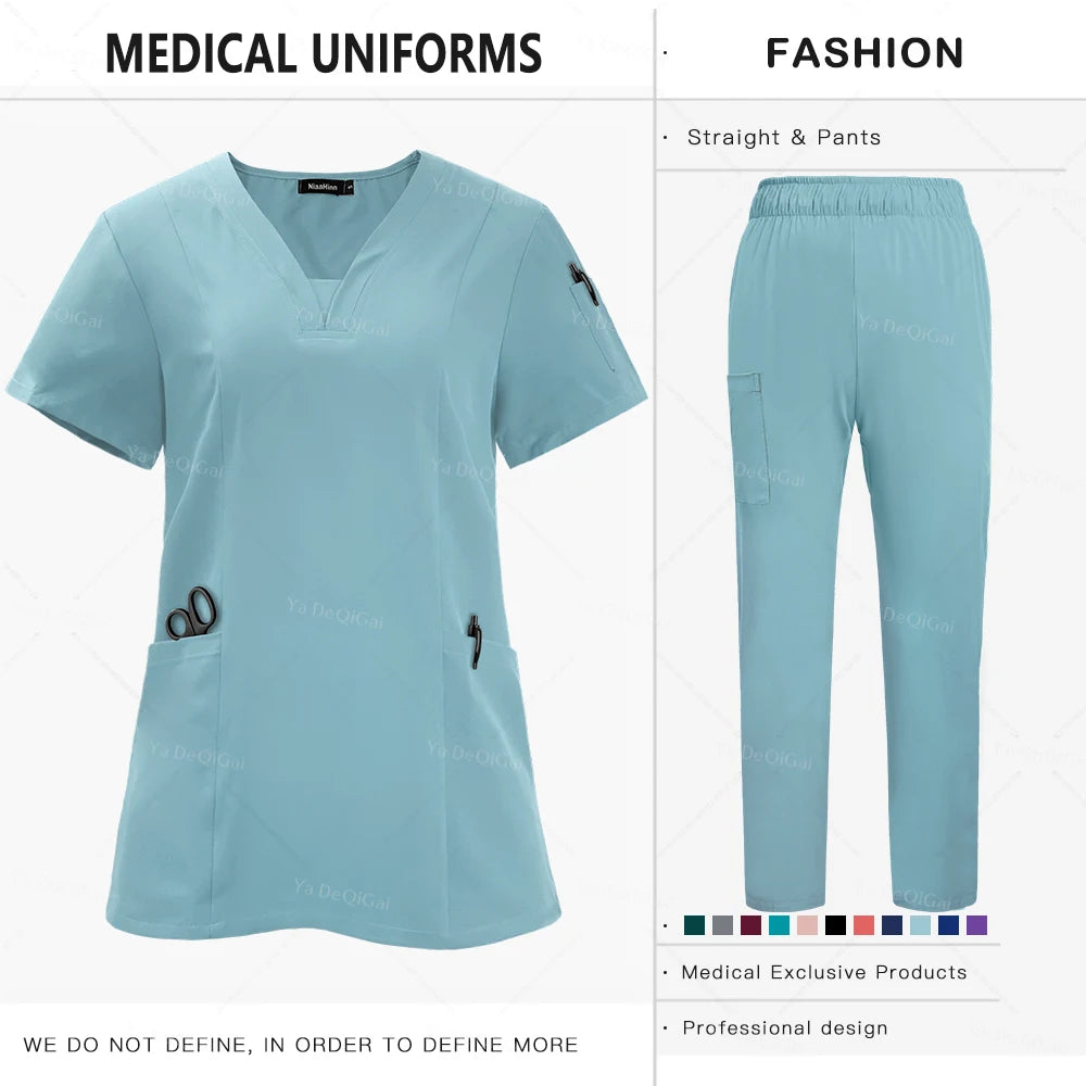 Anti-Wrinkle Premium Fabric Clinical Uniforms Washable Nurse Uniforms Medical Scrubs Sets Surgical Blouse Pockets Straight Pants