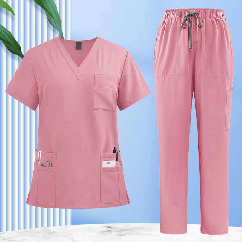 1set V Neck Doctor Medical Uniform Nurse Surgery Suit Moisturewicking Workwear With Pocket Operating Room Short Sleeve Tops Set