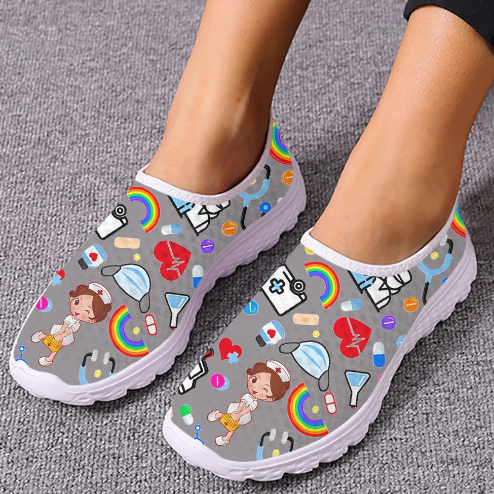 INSTANTARTS Kawaii Nurse Girls Medical Supplies Pattern Female Flat Shoes Breathable Beach Mesh Sneakers Nurse Shoes for Women